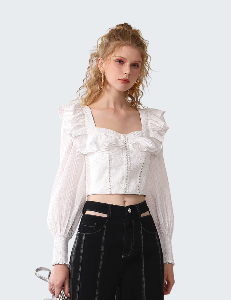 方领衬衫修身简洁烧花欧根纱