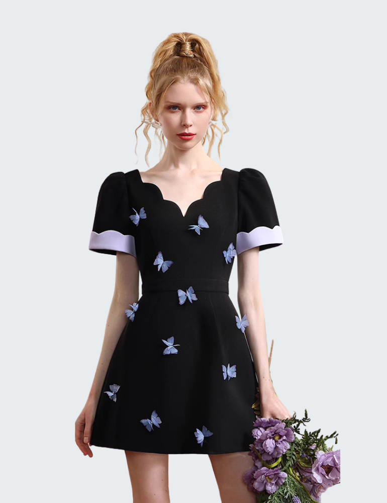 花瓣V领时尚通勤蝴蝶裙子