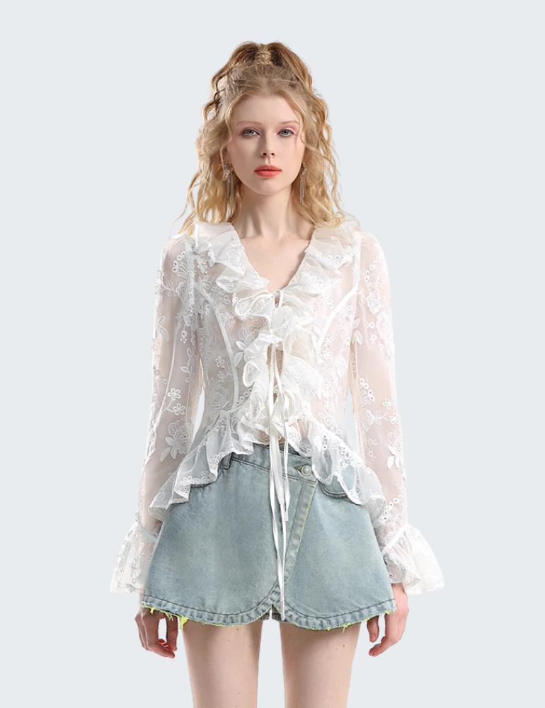 仙女风刺绣欧根纱绑带浪漫开衫