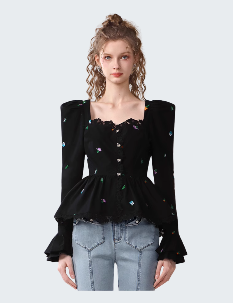 桃心领收腰显瘦羊腿袖上衣