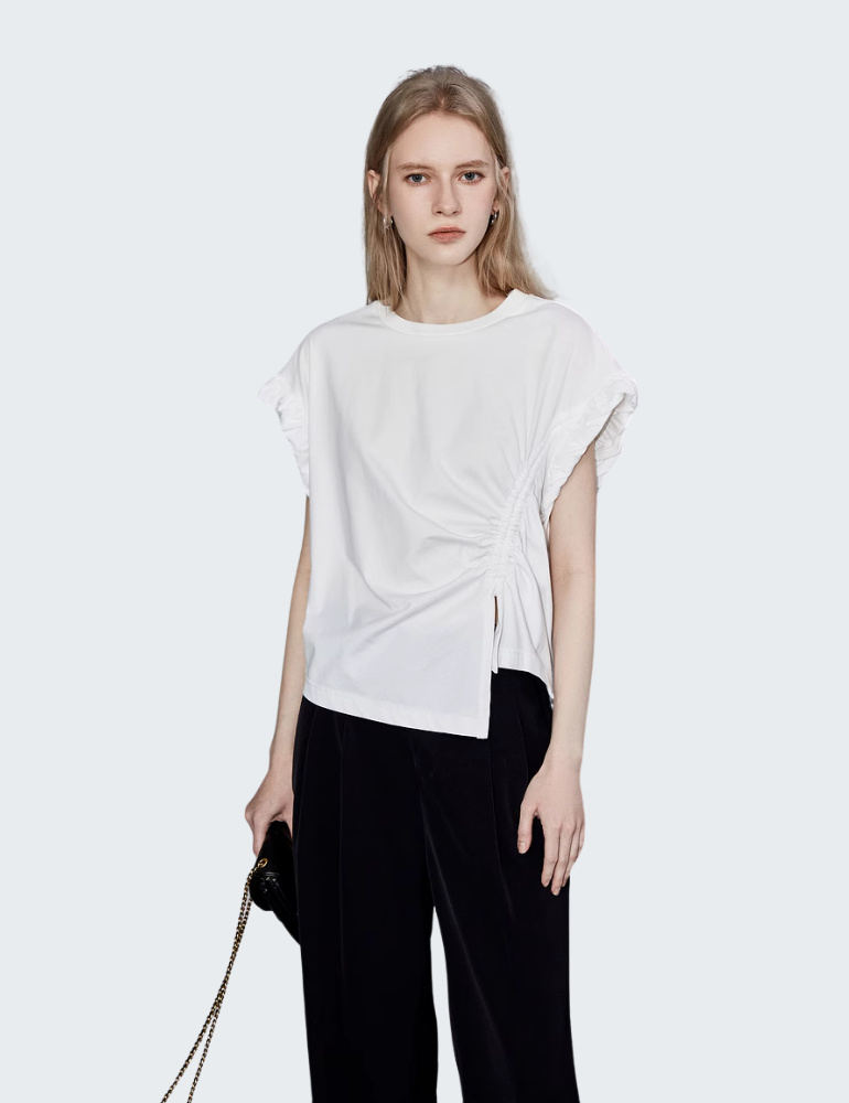 法式设计感宽肩无袖T恤