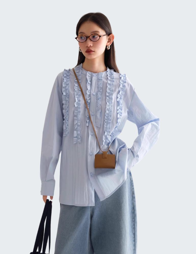 气质荷叶边蓝色衬衫