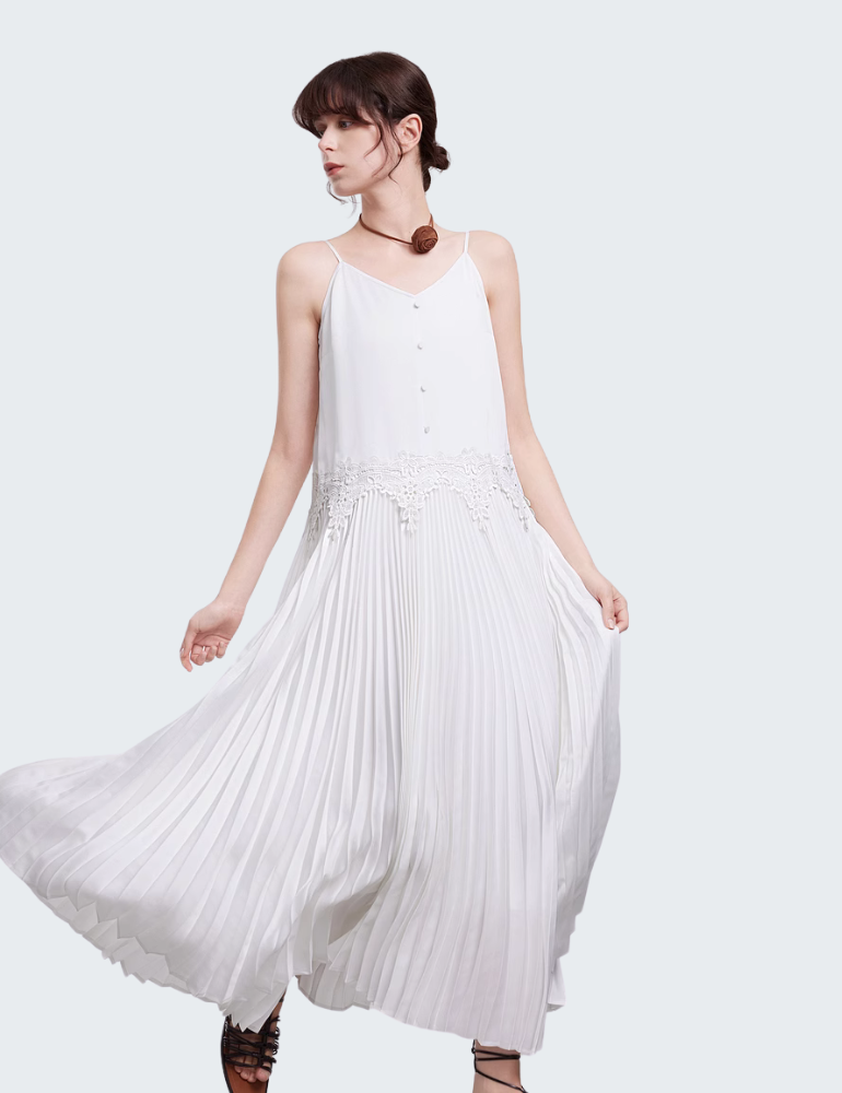法式白色风琴褶吊带长裙