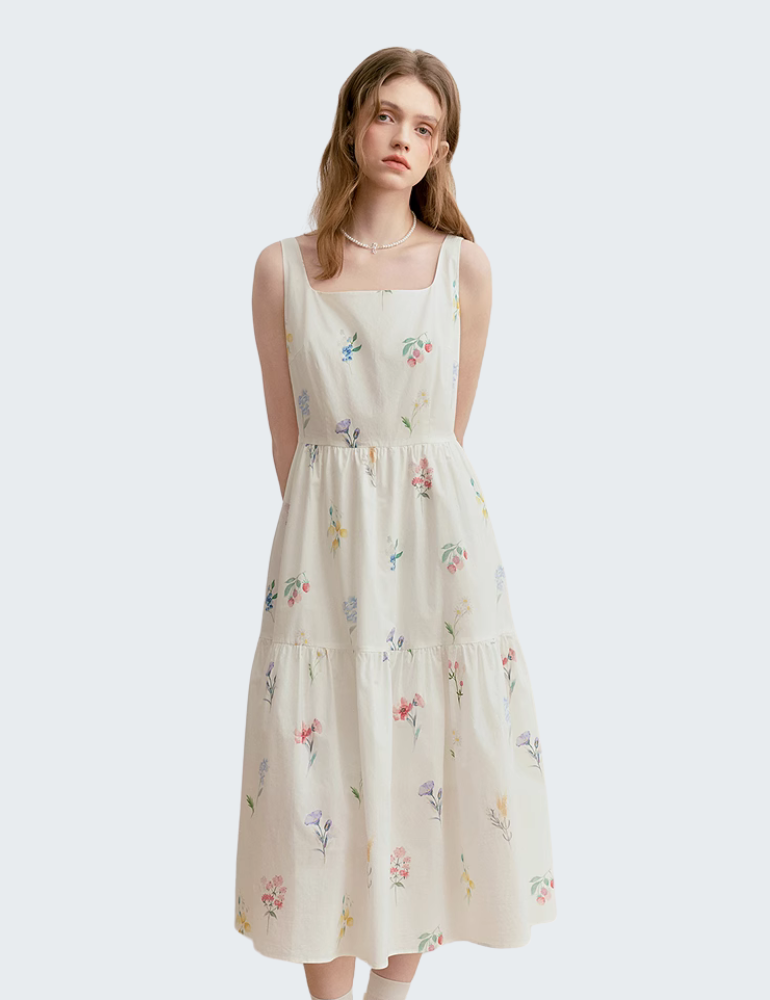 植物碎花吊带连衣裙女