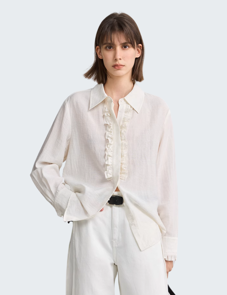 法式气质花边木耳边职业通勤百搭长袖白衬衫