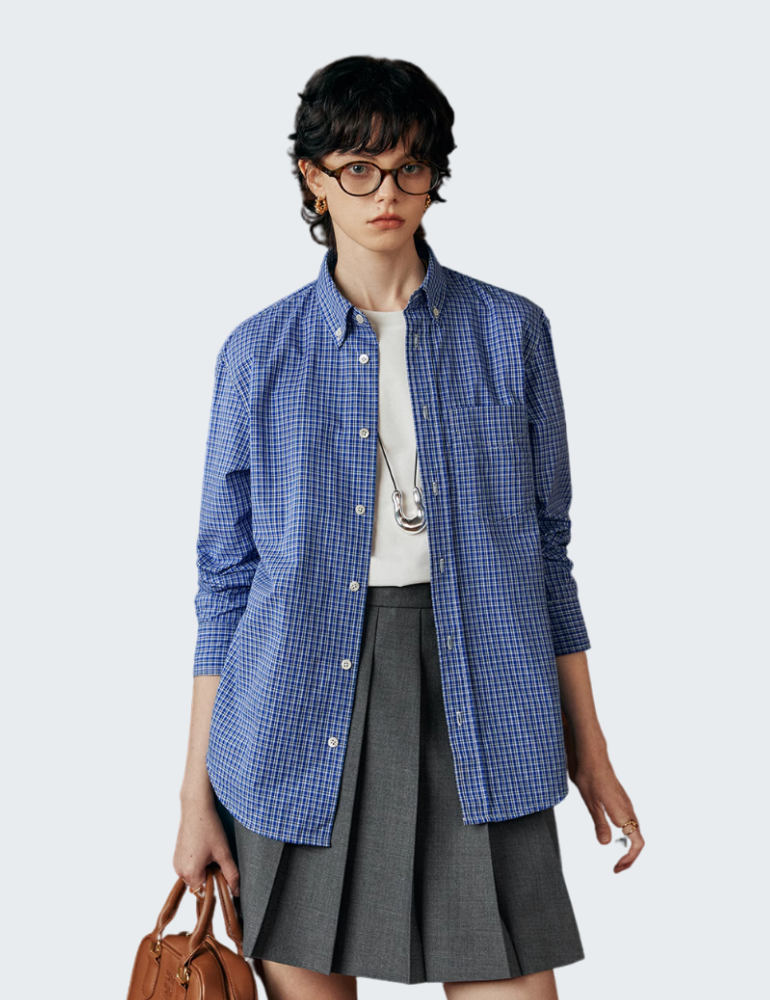 长袖衬衫女蓝色格子衬衣