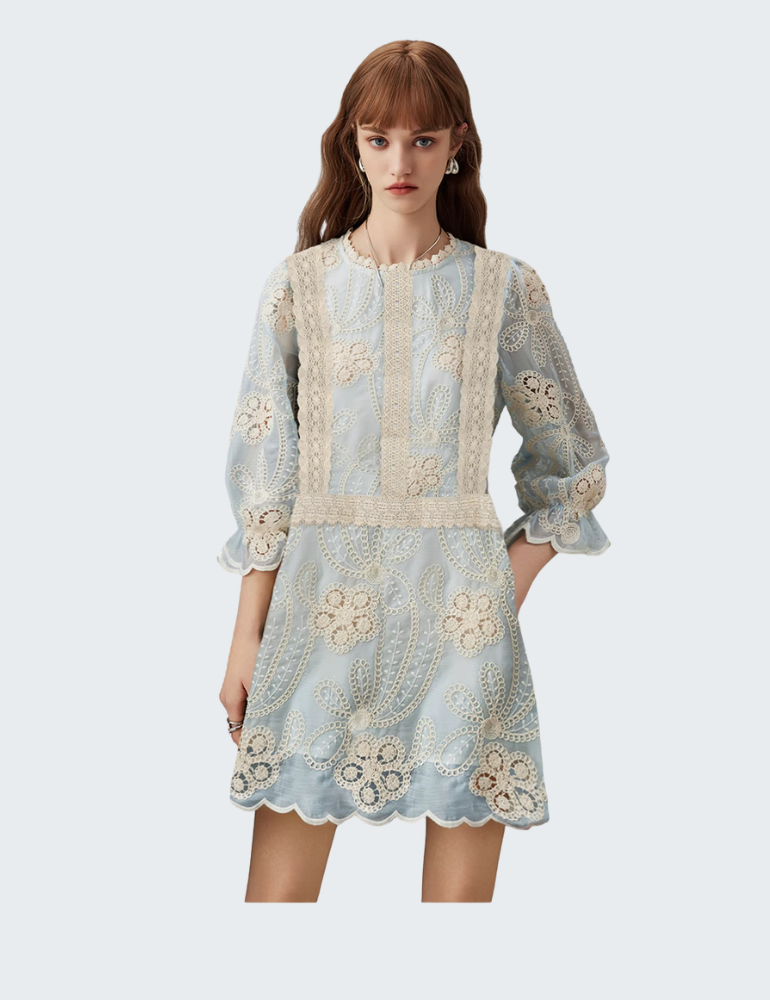 法式刺绣镂空天丝连衣裙