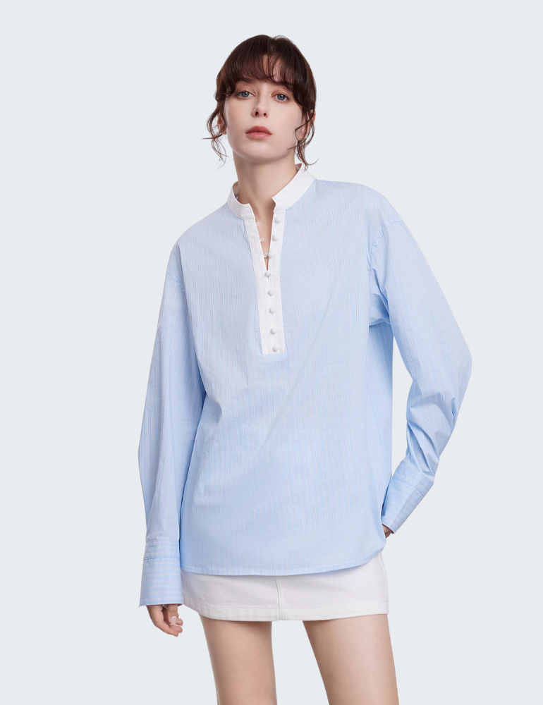 蓝白条纹新中式小立领