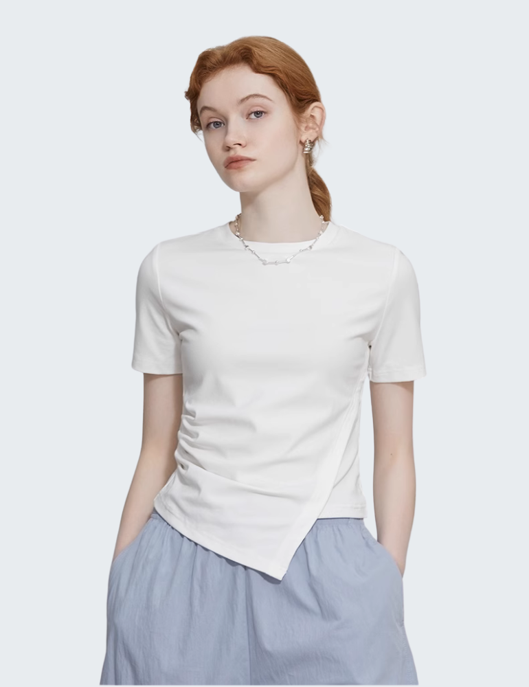 白色圆领设计感褶皱修身T恤