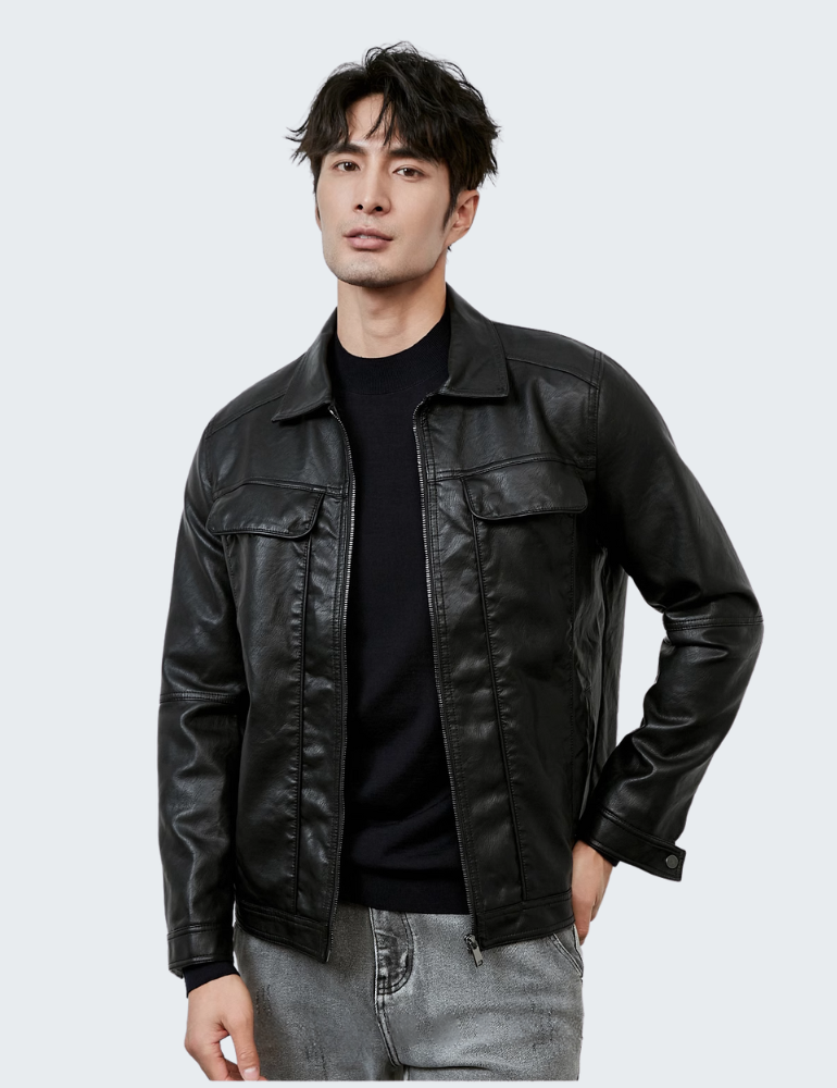 PU multi-pocket men's casual leather jacket