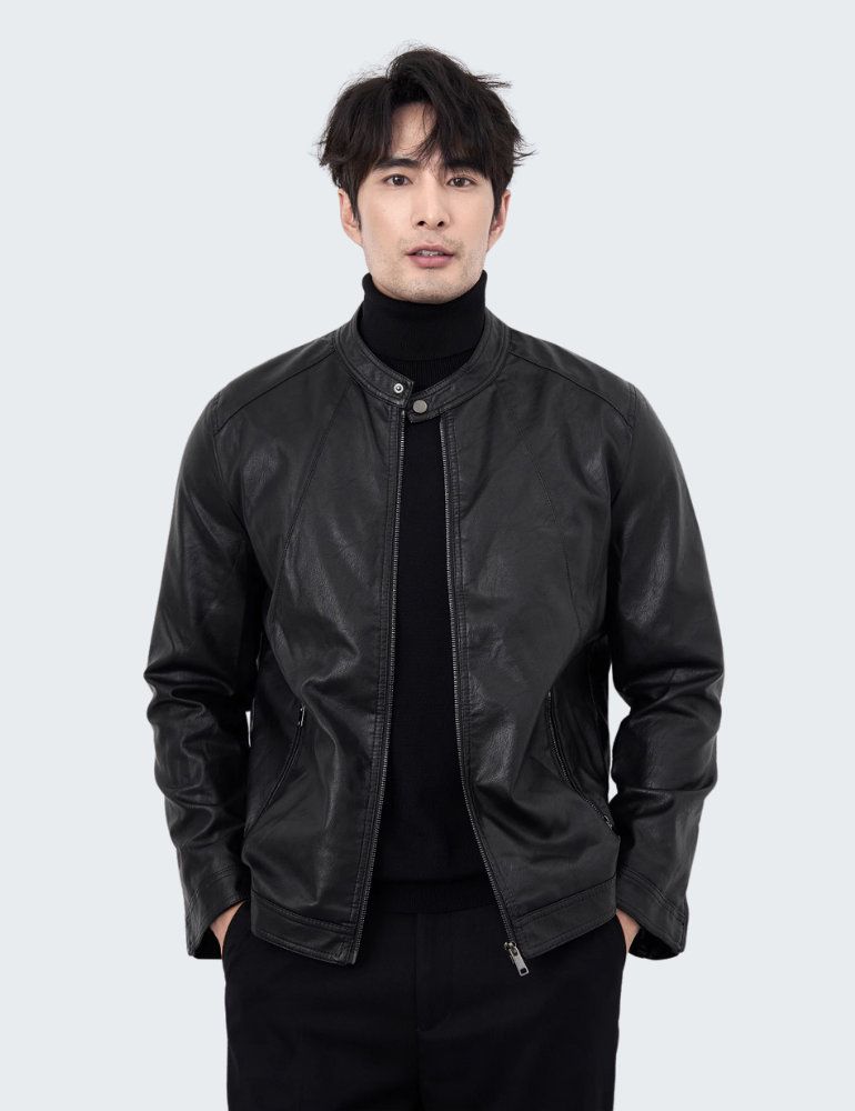 Stand-up collar PU soft leather jacket