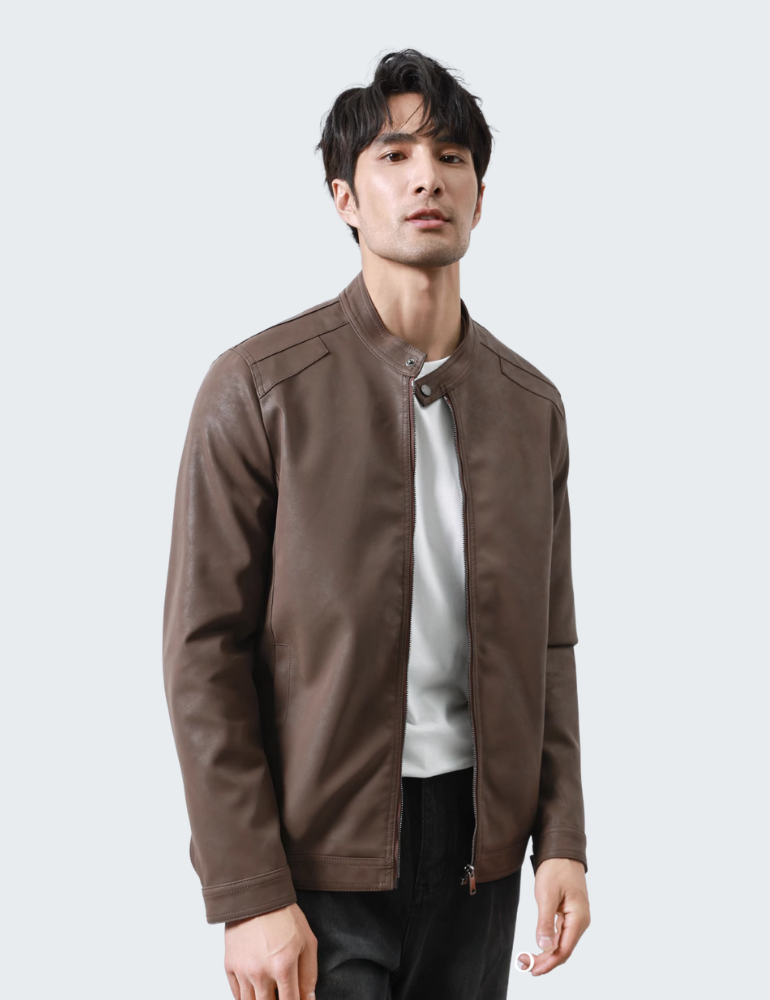 Stand-up collar PU vintage motorcycle jacket