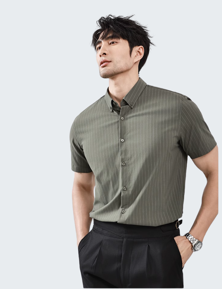 条纹衬衫男短袖轻商务休闲潮流扣领修身正装衬衣