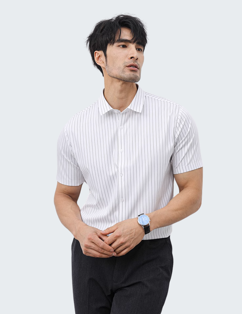 条纹夏季冰丝无痕男士商务修身短袖衬衫