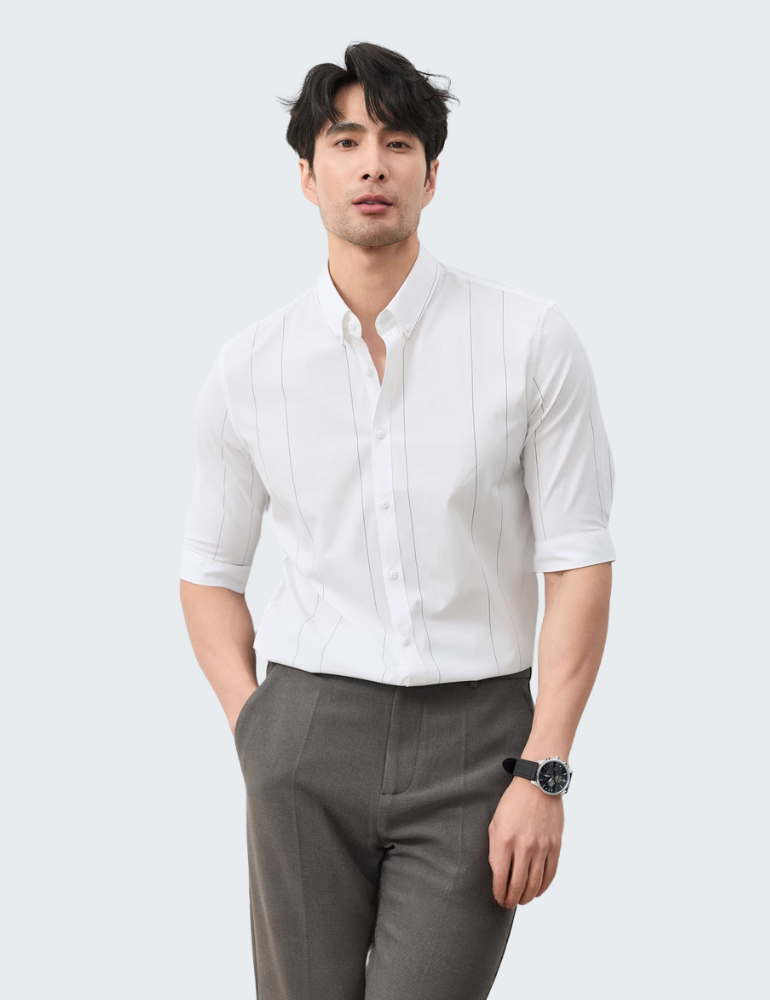 商务高级感黑色条纹半袖七分袖衬衣