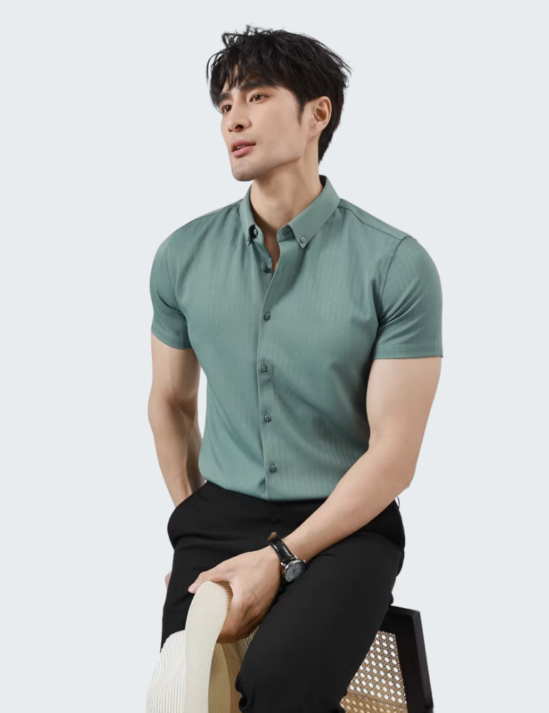 暗条纹衬衫短袖男轻奢