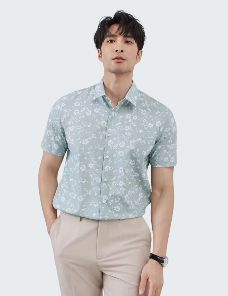 潮流沙滩风碎花透气薄款修身衬衣