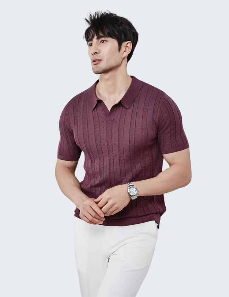 轻奢针织V领镂空条纹POLO衫