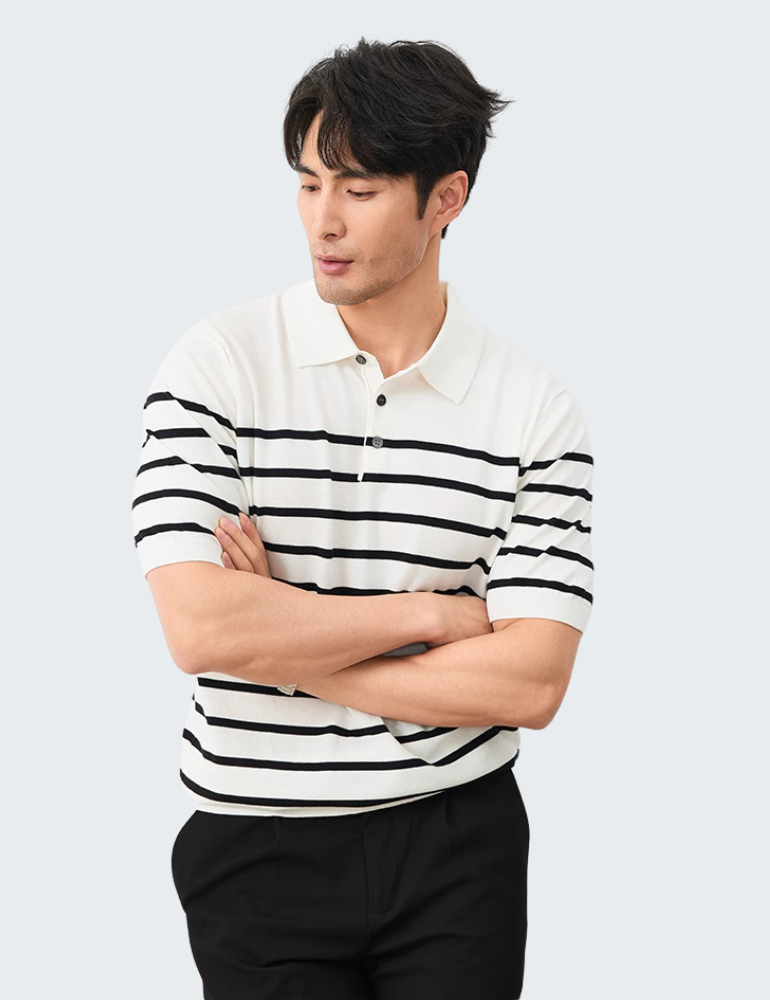 针织polo衫男条纹冰丝莱赛尔