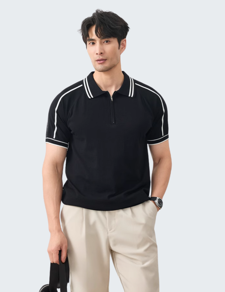 拼色轻商务翻领拉链透气针织T恤衫