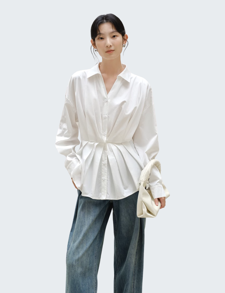 法式收腰褶皱白色衬衫