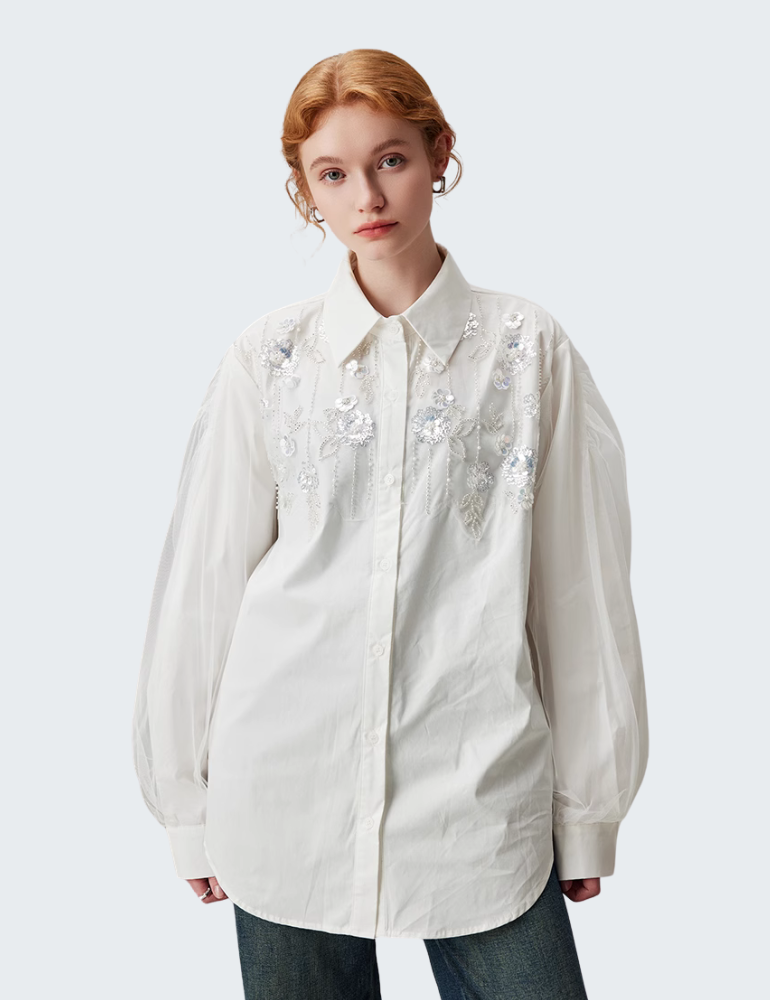 立体花卉刺绣宽松衬衫
