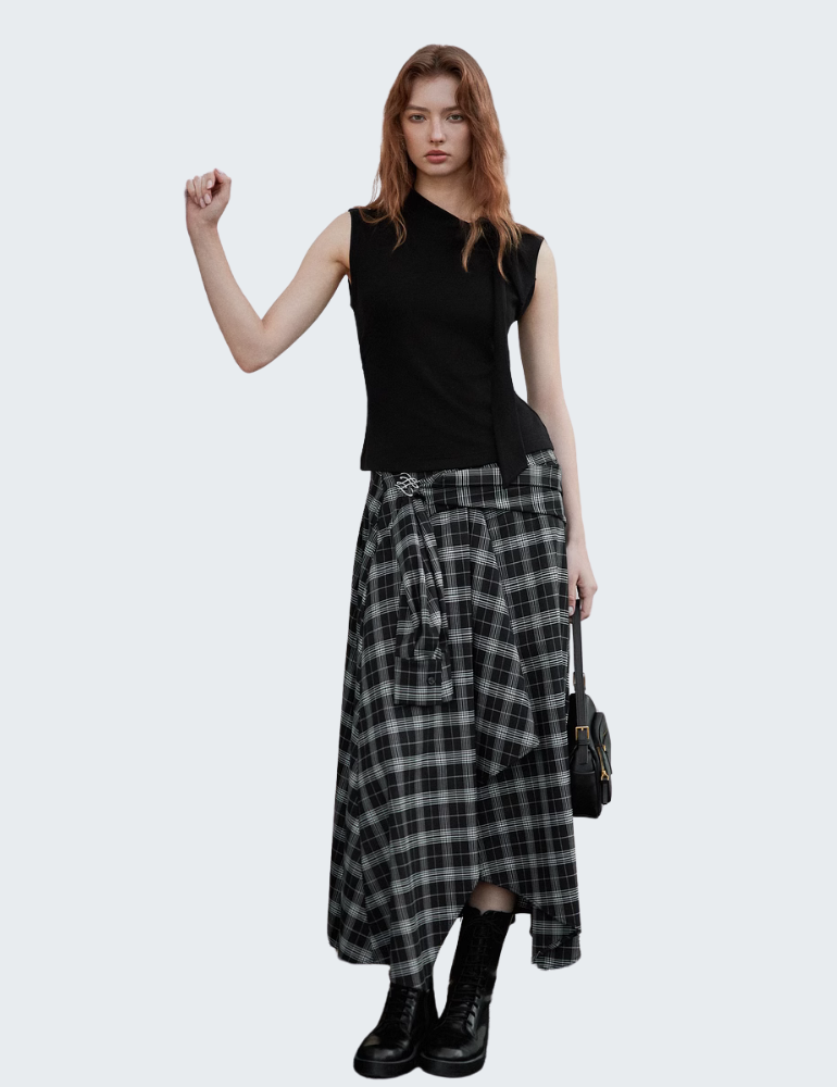 极简无袖修身上衣 格纹高腰不规则半身裙套装