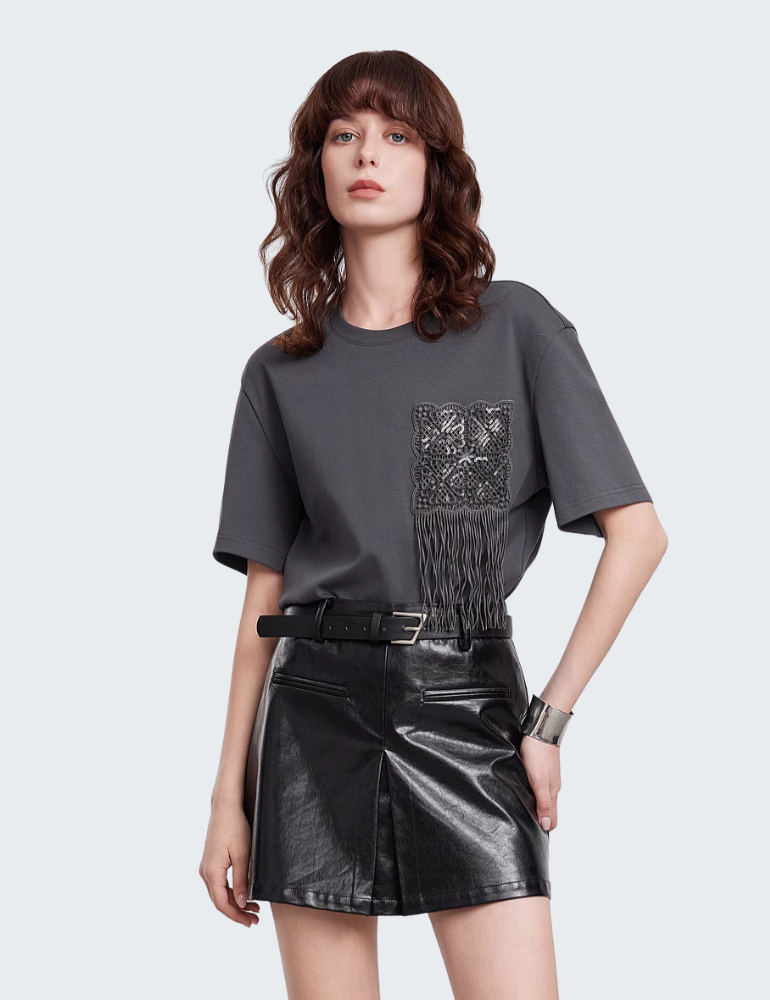 流苏拼接蕾丝装饰短袖T恤