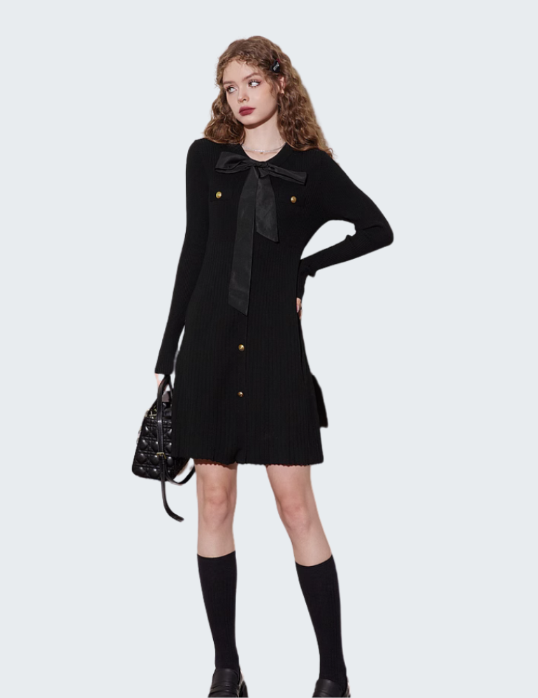 French-Inspired Knit Dress with Bow Detail