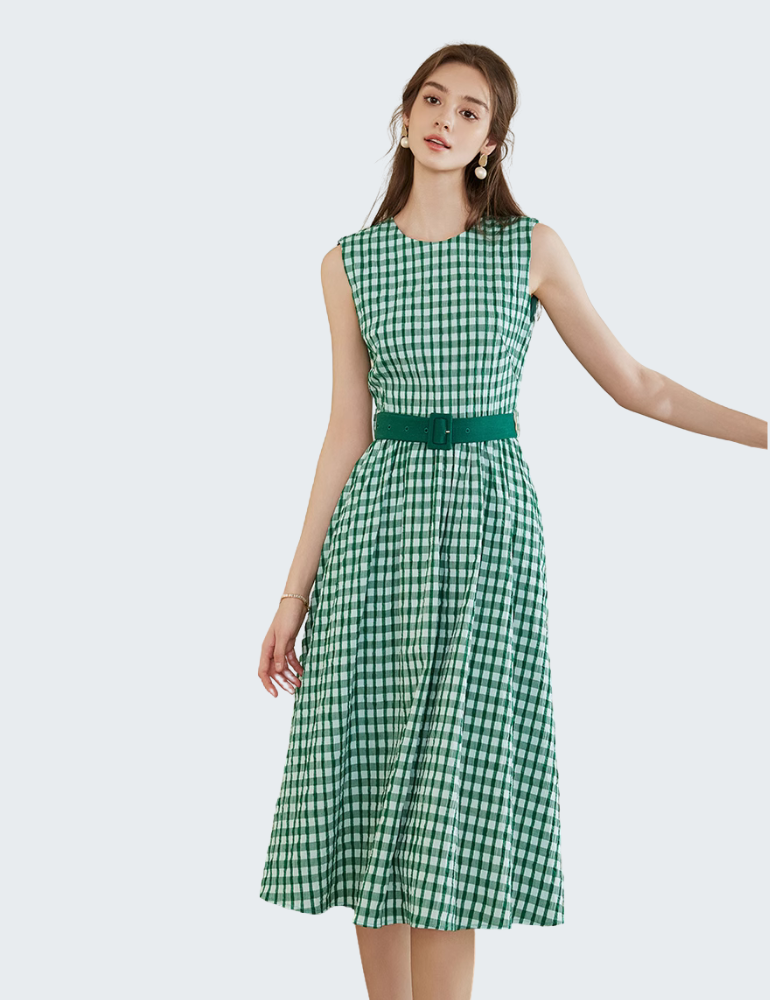 Retro-Inspired Green Gingham Belted Dress