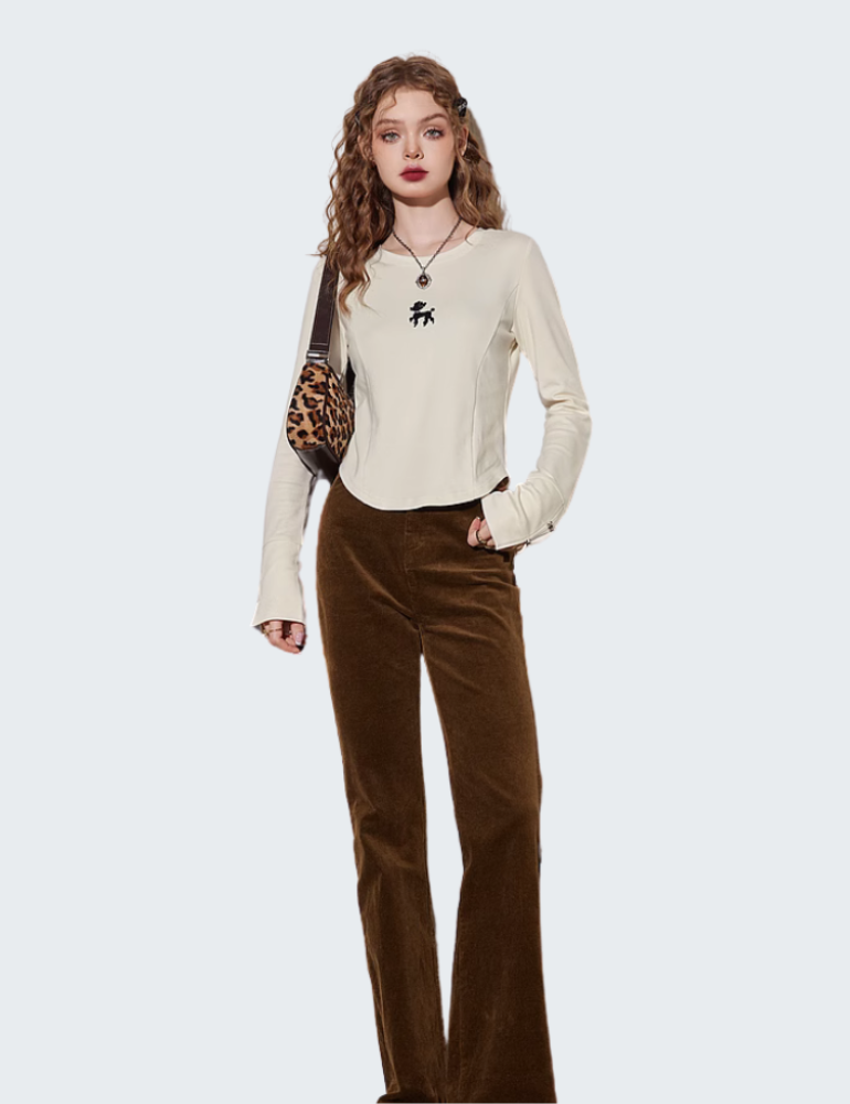 法式刺绣图案圆领长袖T恤