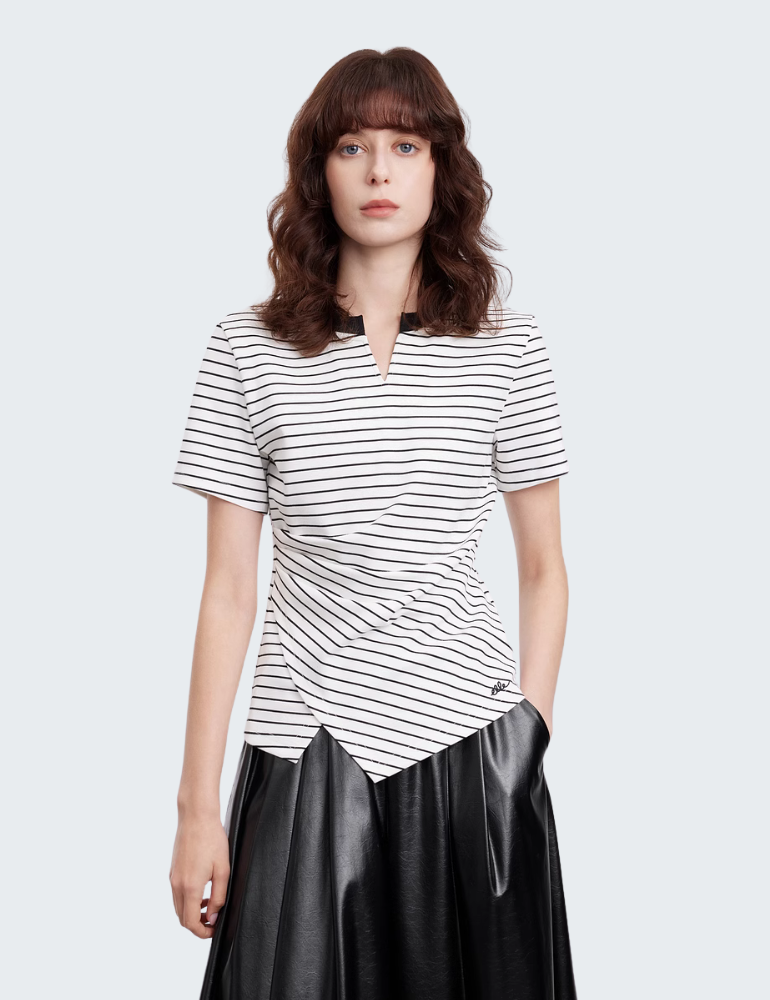 Striped V-Neck Asymmetrical Hem T