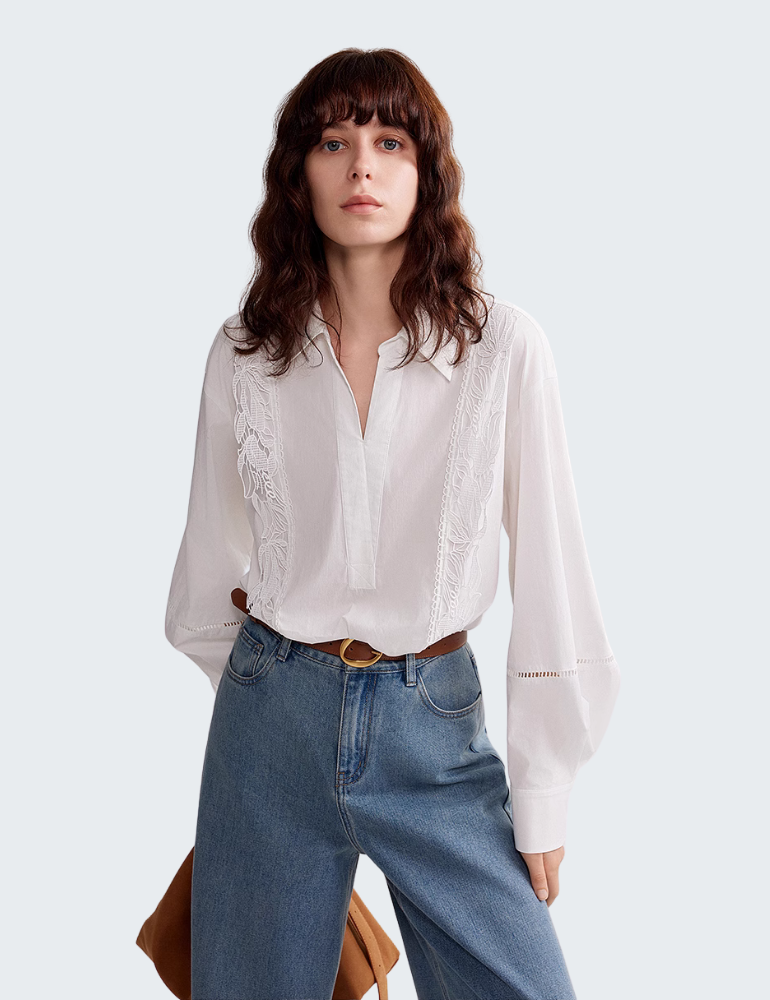 Vintage-Inspired Lace Panel Long Sleeve Blouse