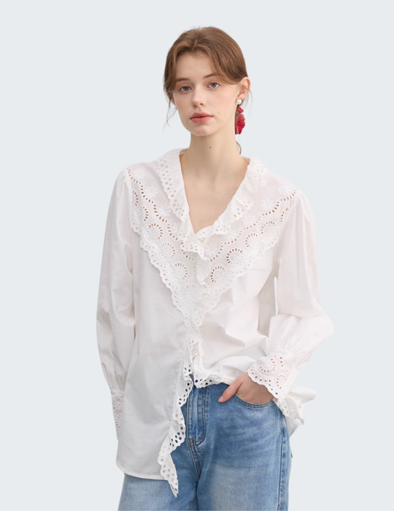 Romantic Lace-Trimmed Cotton Blouse