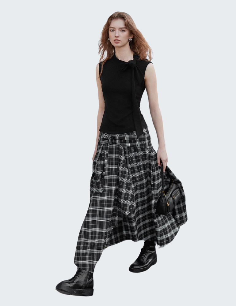 Drape Sleeveless Top & Plaid Maxi Skirt Set